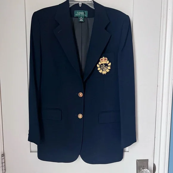 Lauren Ralph Lauren Navy Blue Preppy Academia Gold Logo Crest Wool Blazer sz 10 - Picture 2 of 12